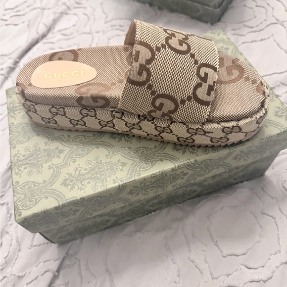 Gucci Shoes - Gucci Beige and Brown GG Canvas Platform Slide